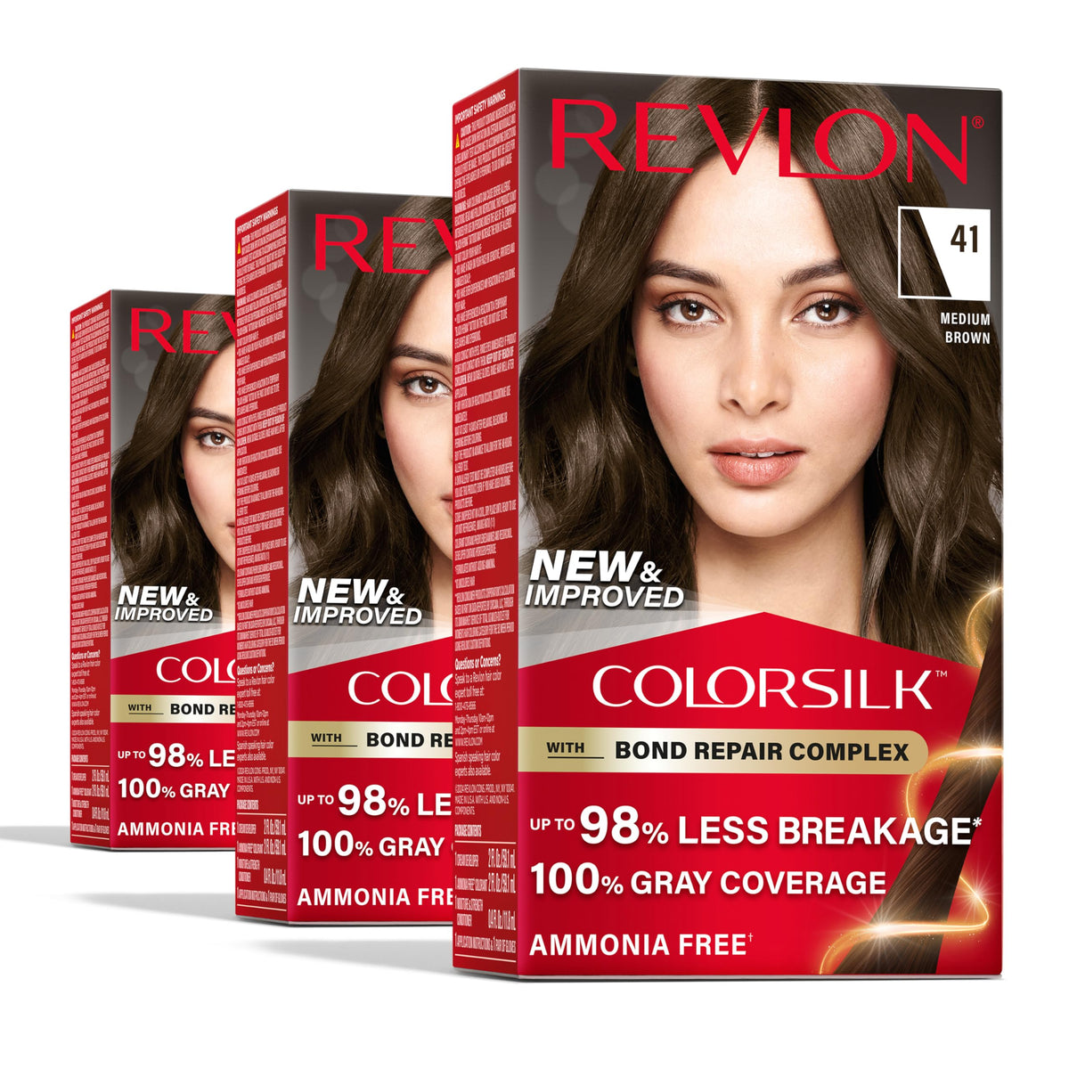 Revlon ColorSilk with Bond Repair Complex, Brown Permanent Hair Color, 100% Gray Coverage, Ammonia Free Hair Dye, Vegan Keratin, 41 Medium Brown (Pack Beauty & Personal Care REVLON