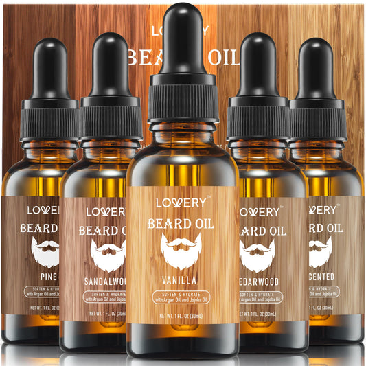 LOVERY (5 Pack Beard Oil for Men, Natural Mens Beard Oil Kit Variety Set - Sandalwood, Vanilla, Cedarwood, Pine, Unscented, W Argan & Jojoba Oil, Mens Beauty and Personal Care LOVERY