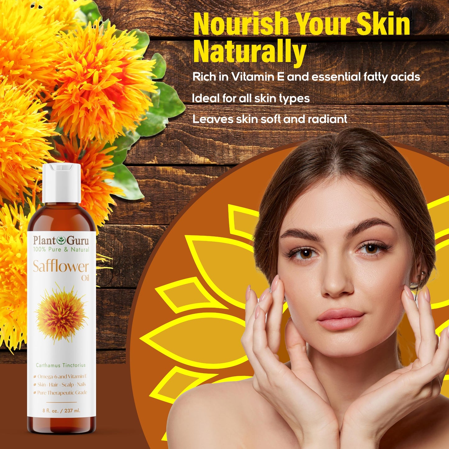 Plant Guru Safflower Oil 8 fl. oz. - Cold Pressed, 100% Pure & Natural Carrier for Skin, Face, Body, Hair, and Cooking. Great for DIY Creams, Lotions Beauty & Personal Care Plant Guru