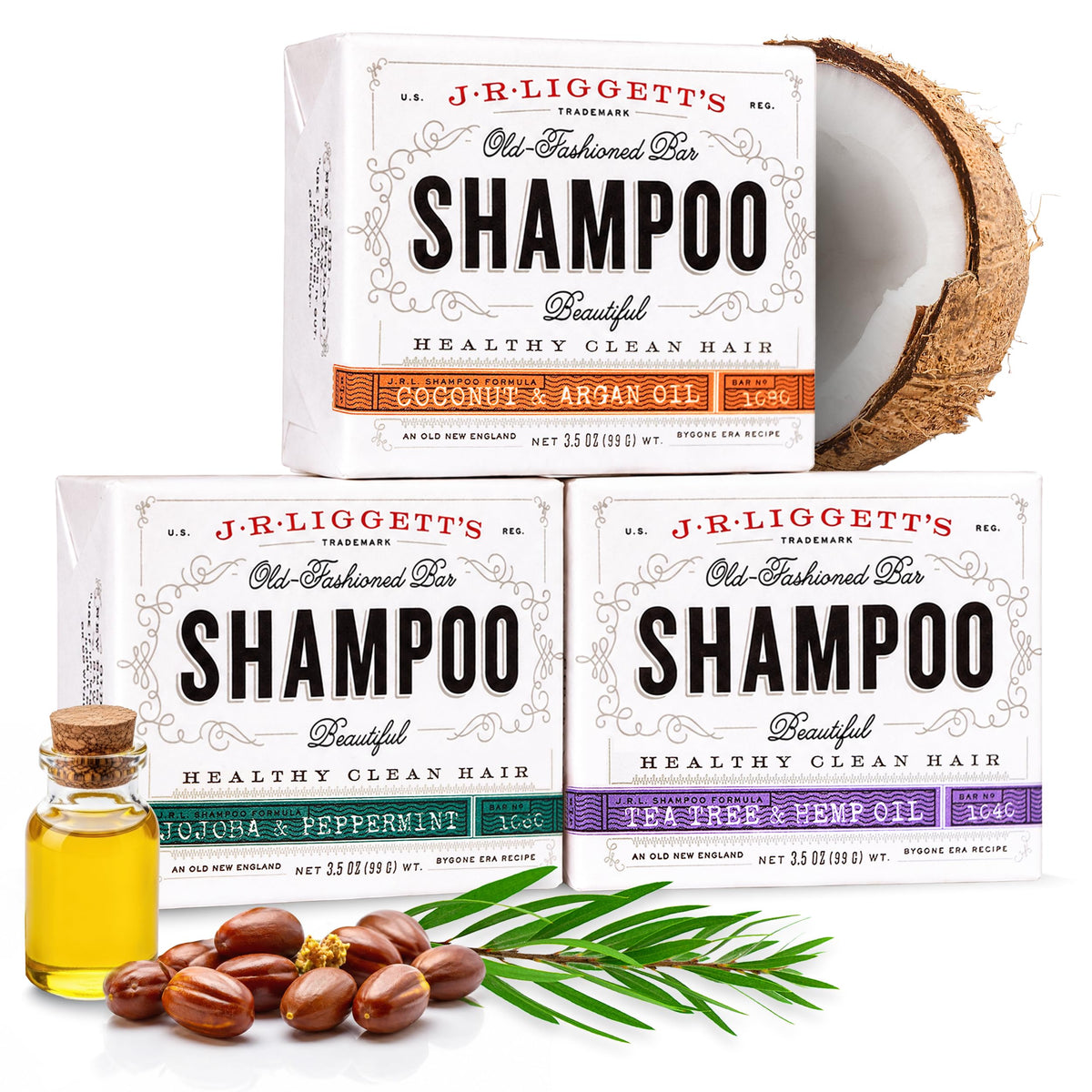 J.R.LIGGETT'S All-Natural Shampoo Bar, Supports Strong & Healthy Hair (Tea Tree, Jojoba & Peppermint, Coconut & Argan Oil, 3-Pack)