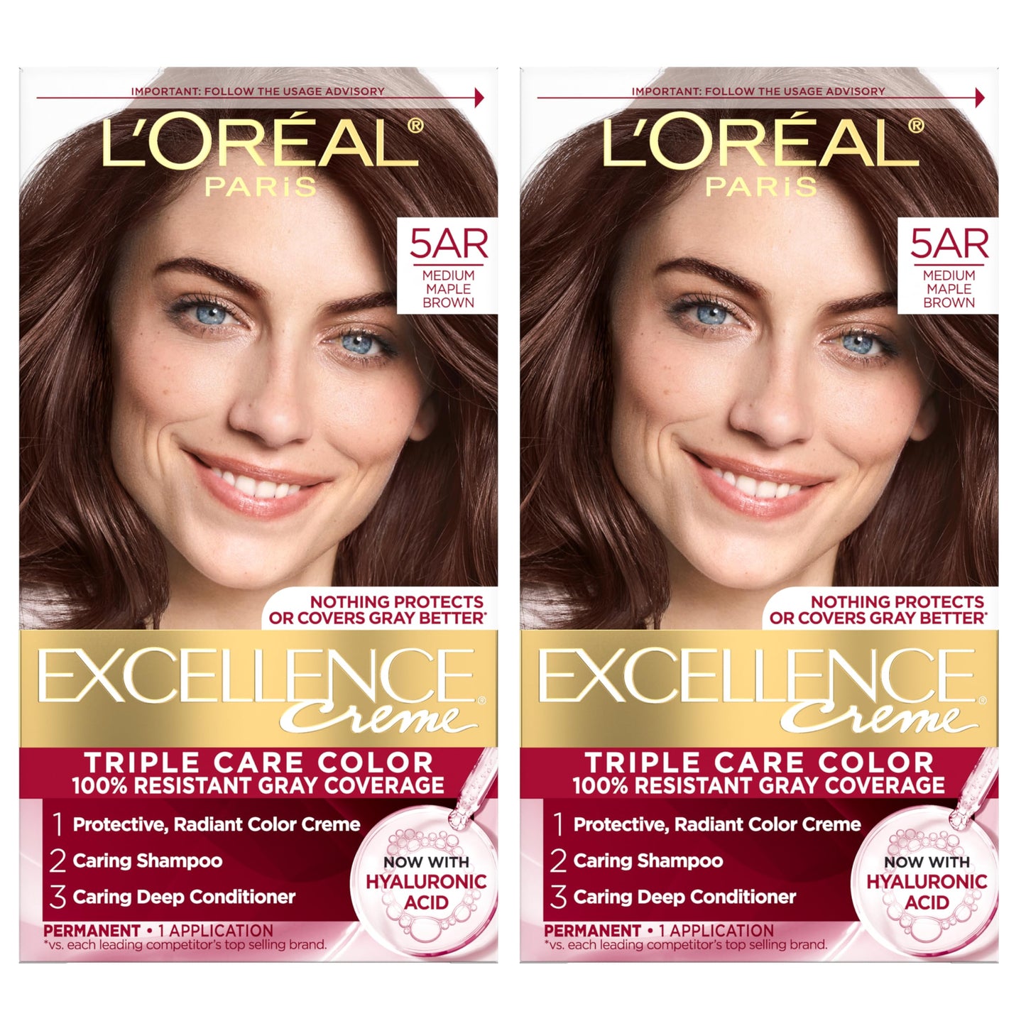 L'Oreal Paris Excellence Crème Permanent Hair Dye, Triple Care Hair Color with Hyaluronic Acid for 100% Gray Coverage, 5AR Medium Maple Brown, 1 Kit Beauty & Personal Care L'Oreal Paris