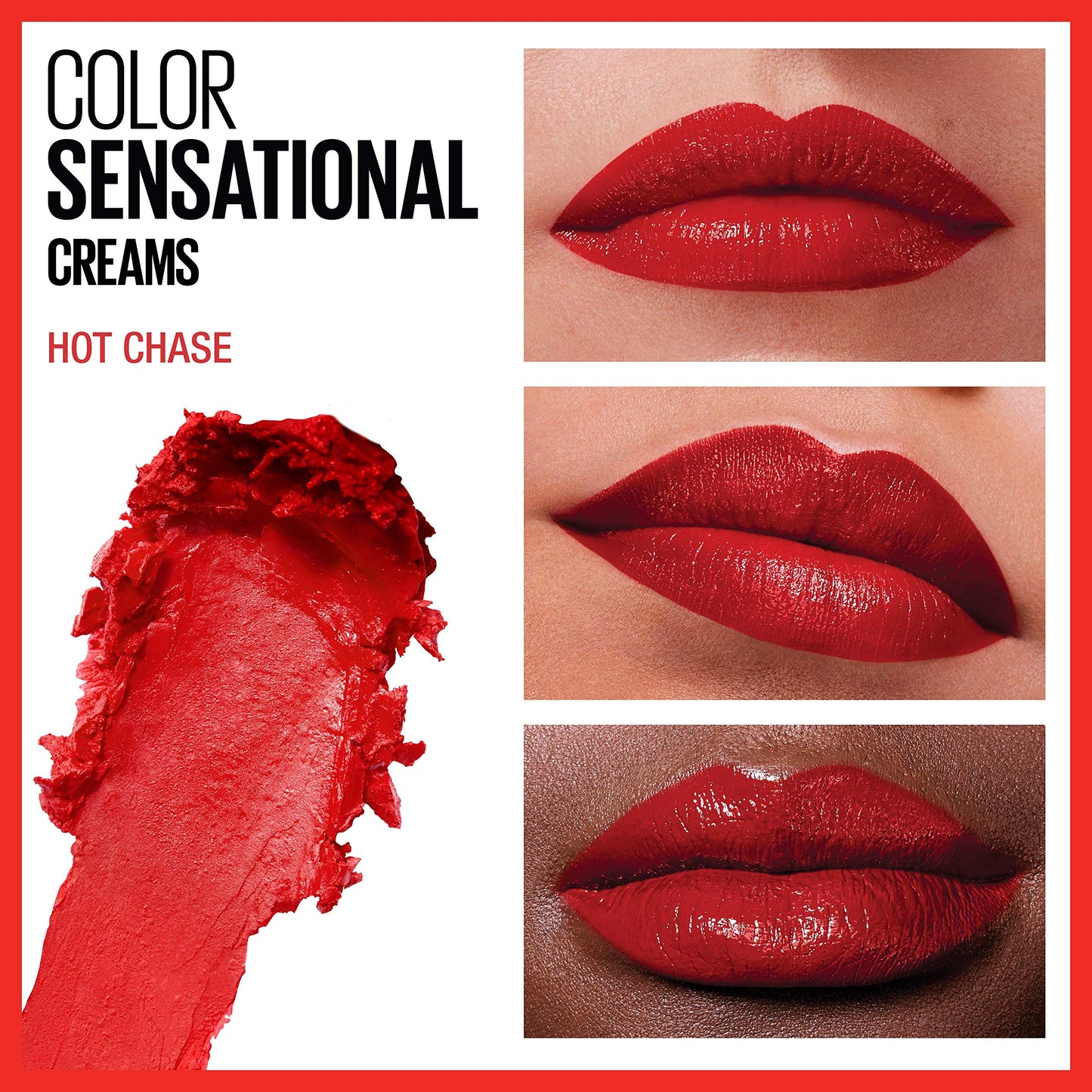 Maybelline Color Sensational Lipstick, Lip Makeup, Cream Finish, Hydrating Lipstick, Nude, Pink, Red, Plum Lip Color, Hot Chase, 0.15 oz; (Packaging Beauty & Personal Care MAYBELLINE