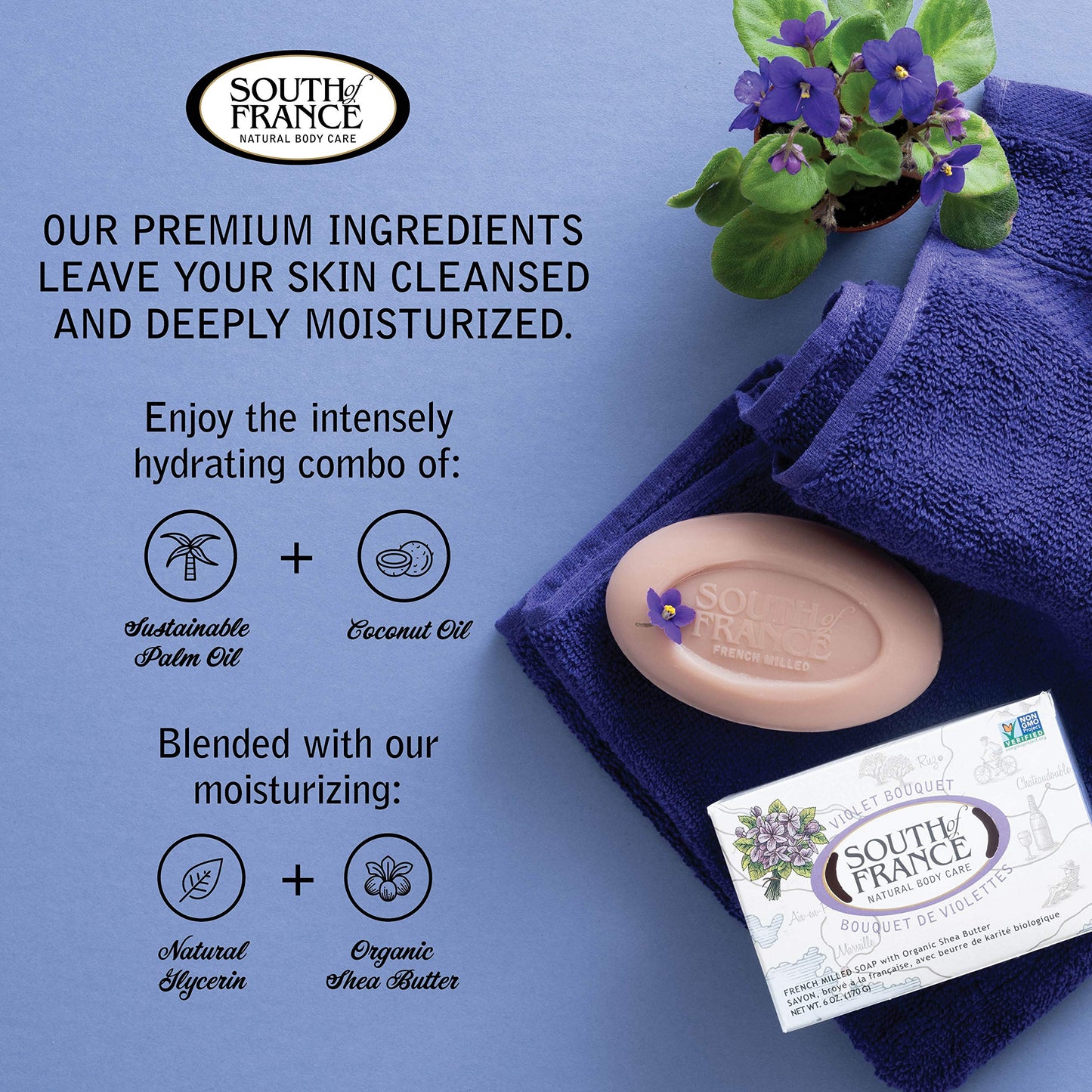Violet Bouquet Clean Bar Soap by South of France Clean Body Care Triple-Milled French Soap with Organic Shea Butter + Essential Oils Vegan, Non-GMO Beauty & Personal Care South Of France