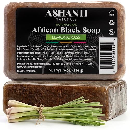 Ashanti Naturals African Black Soap Bar | Scented Natural Black Soap with Raw Shea Butter and Coconut Oil - 2pk 4oz Bars (Lemongrass) Beauty & Personal Care Ashanti Naturals