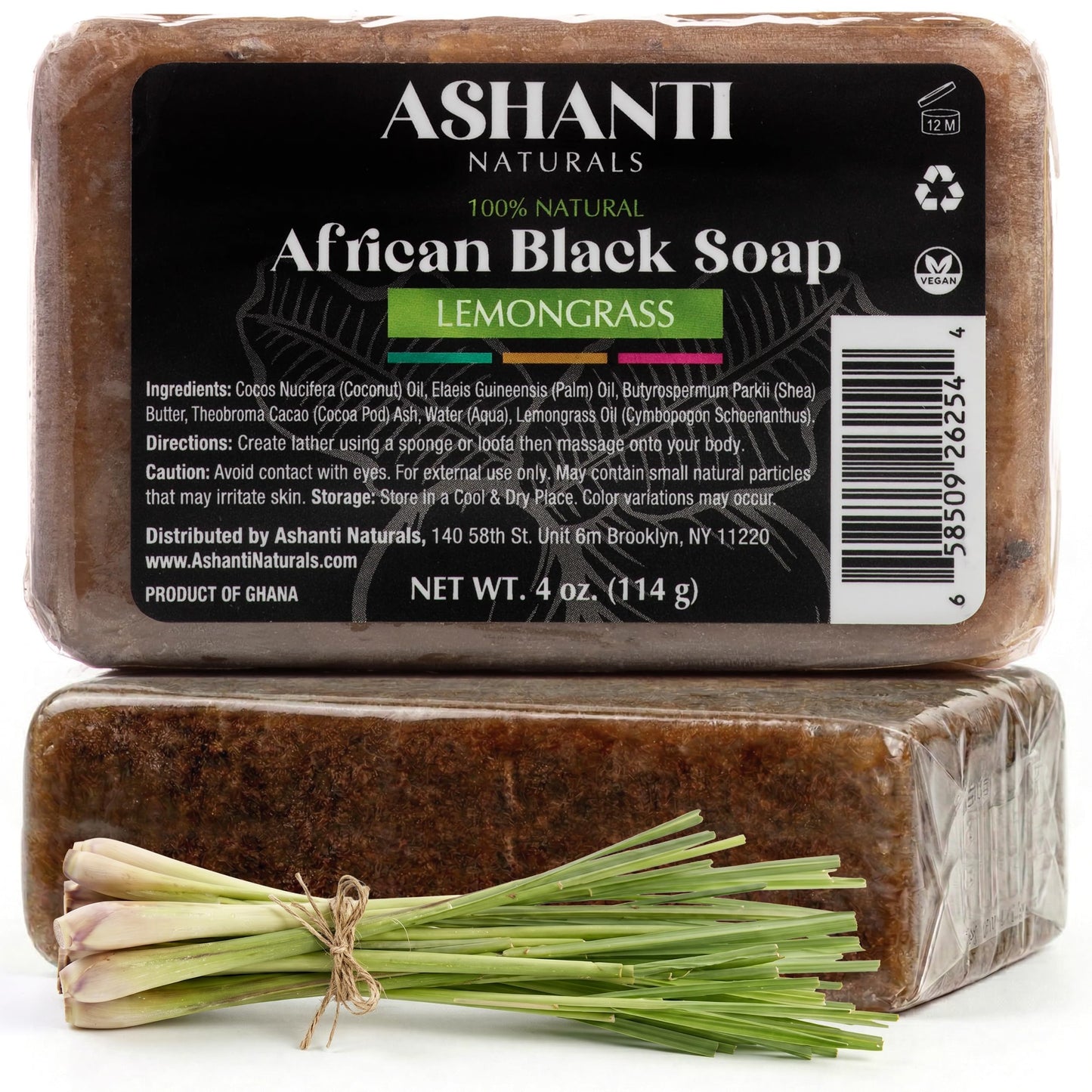 Ashanti Naturals African Black Soap Bar | Scented Natural Black Soap with Raw Shea Butter and Coconut Oil - 2pk 4oz Bars (Lemongrass) Beauty & Personal Care Ashanti Naturals