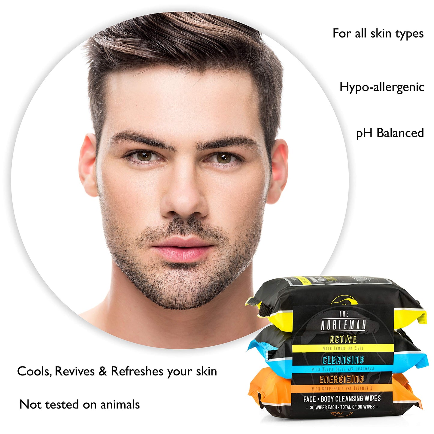 Men's Active/Cleansing/Energizing Face + Body Cleansing Wipes - 3 Pack (90ct) Beauty & Personal Care The Nobleman