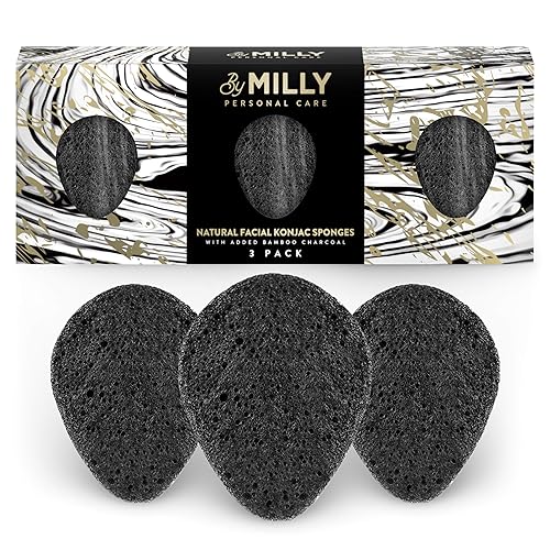 Konjac Sponge for Face | All Natural and Reusable | Konjac Facial Sponge with Activated Bamboo Charcoal | Gentle Exfoliating Sponge for Face | Beauty & Personal Care By MILLY