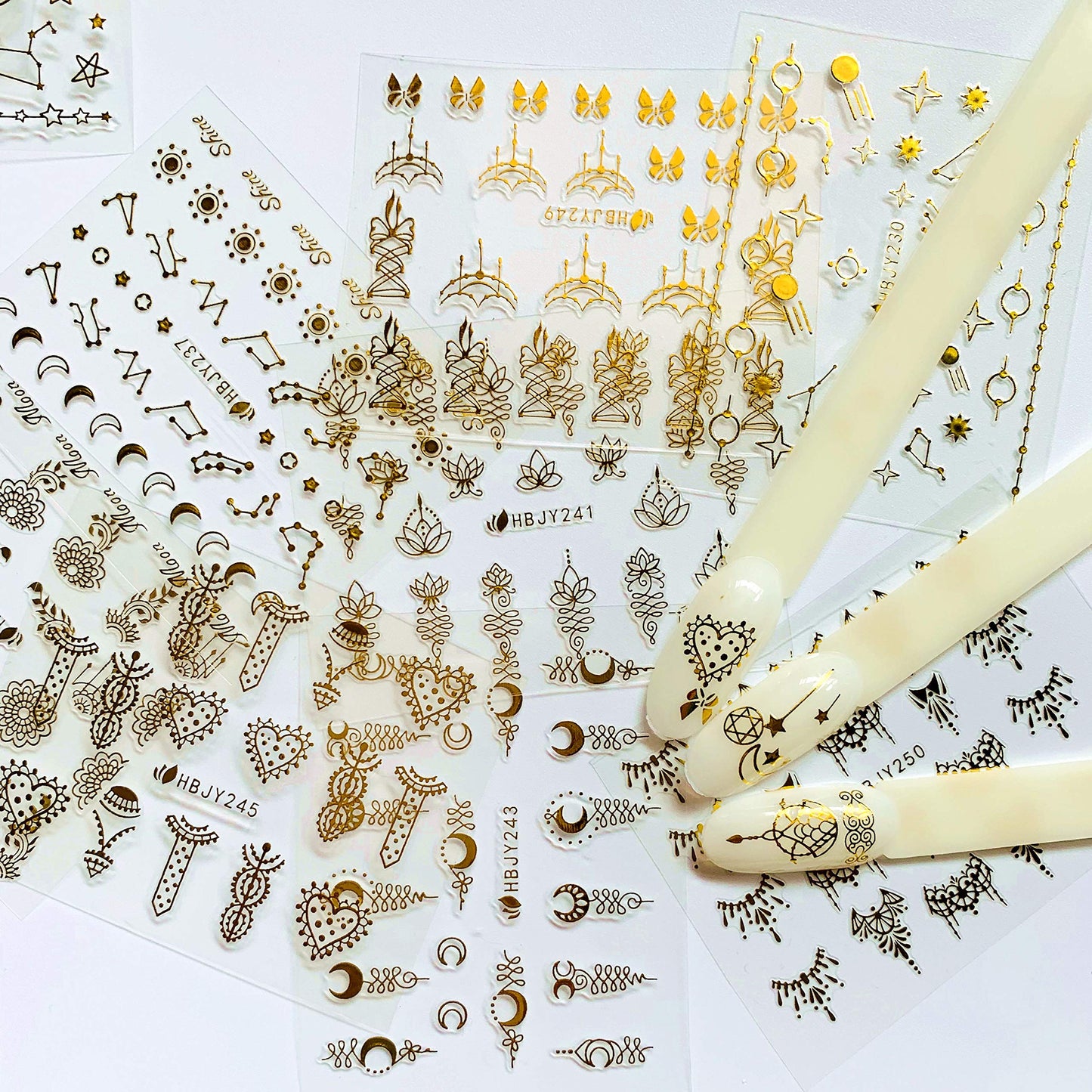 NAIL ANGEL 24 Sheets Nail Art Adhesive Gold Color Sticker Sheets Moon Star Universal Flower Shapes Sticker Sheets Nail Art Deco 10057 Beauty & Personal Care NAIL ANGEL