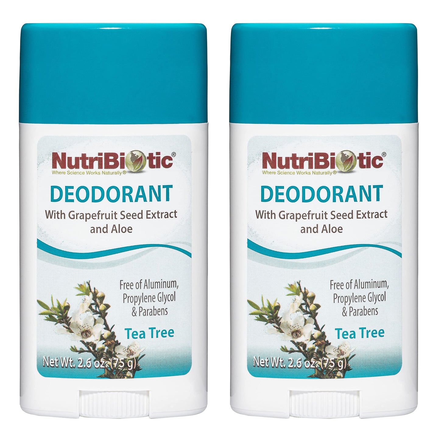 NutriBiotic Deodorant, Tea Tree, 2.6 Ounce Stick Twin Pack - with Witch Hazel, Grapefruit Seed Extract, Aloe, Tea Tree & Peppermint - Vegan & Free Beauty and Personal Care NutriBiotic