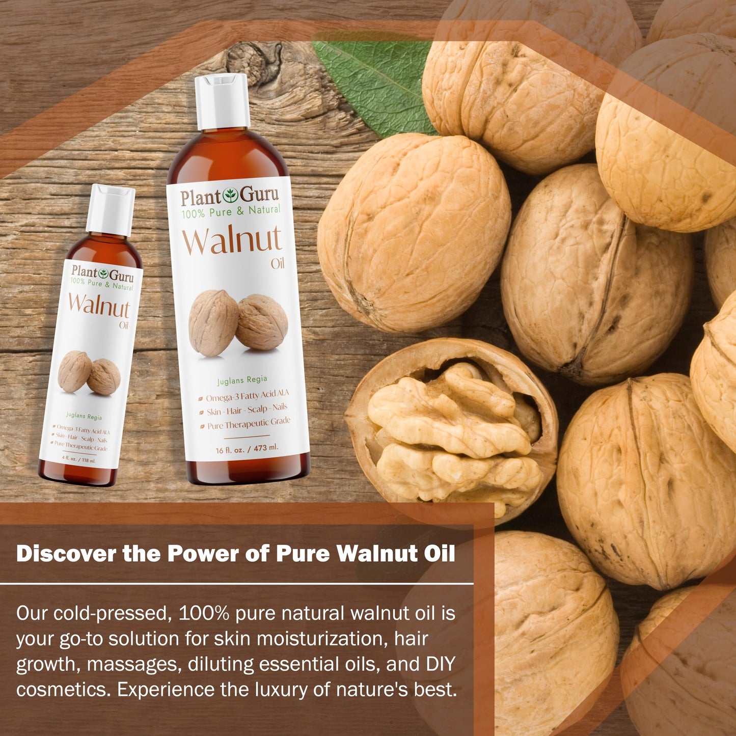 Plant Guru Walnut Oil 16 fl. oz. - Cold Pressed 100% Pure Natural - Skin, Body, Face, and Hair Growth Moisturizer. Great For Creams, Lotions, Lip balm Beauty & Personal Care Plant Guru
