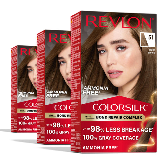 Revlon ColorSilk with Bond Repair Complex, Brown Permanent Hair Color, 100% Gray Coverage, Ammonia Free Hair Dye, Vegan Keratin, 51 Light Brown (Pack Beauty & Personal Care REVLON