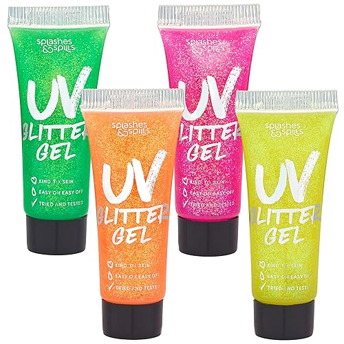 UV Glitter Body Paint Gel - 4 Colors Cosmetic Set for Girls, Women, Adults - 10 ml Tubes with Glowing Effect - Perfect for Dress Up, Festival, Costume Beauty & Personal Care splashes & spills