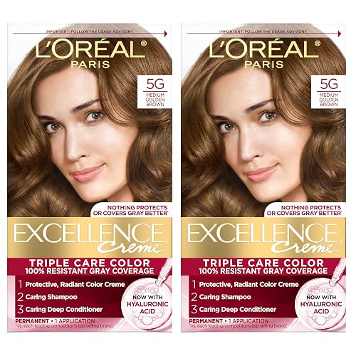 L'Oreal Paris Excellence Crème Permanent Hair Dye, Triple Care Hair Color with Hyaluronic Acid for 100% Gray Coverage, 5G Medium Golden Brown, 1 Kit Beauty & Personal Care L'Oreal Paris