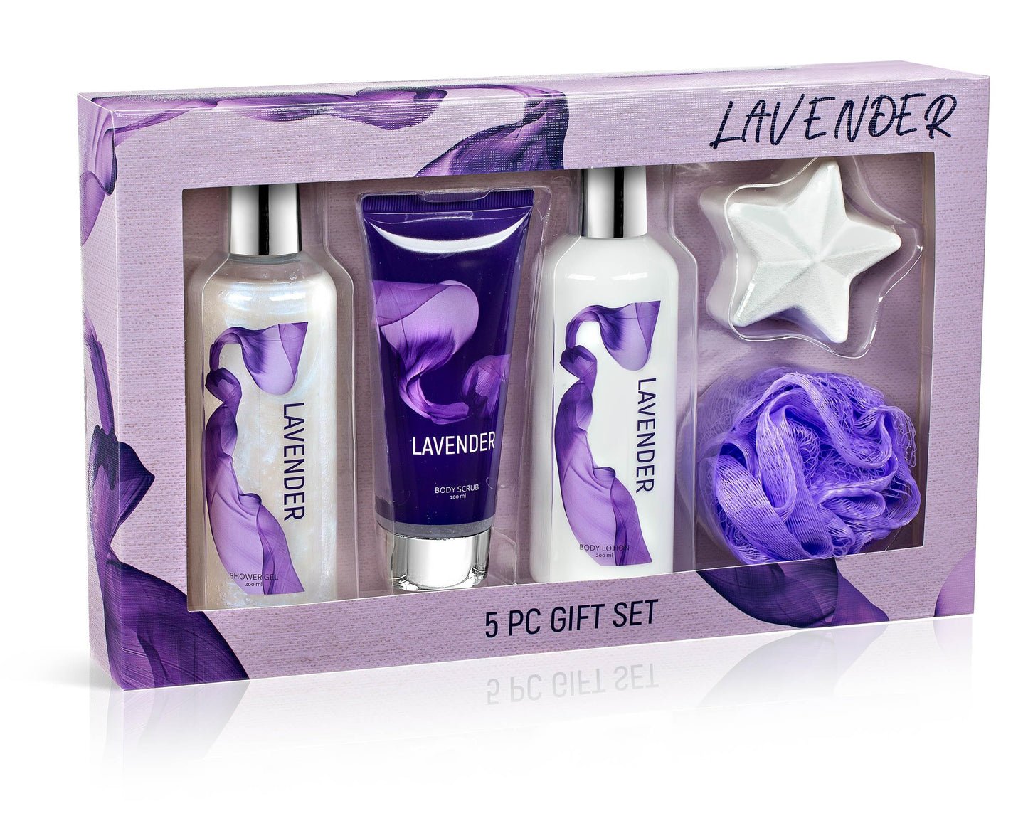 Fragrance Bath & Body Collection Gift Box, Includes Shower Gel, Body Lotion, Body Scrub, Bath Bomb & Sponge (Lavender) - Mother's Day Gift for Mom Beauty and Personal Care Freida and Joe