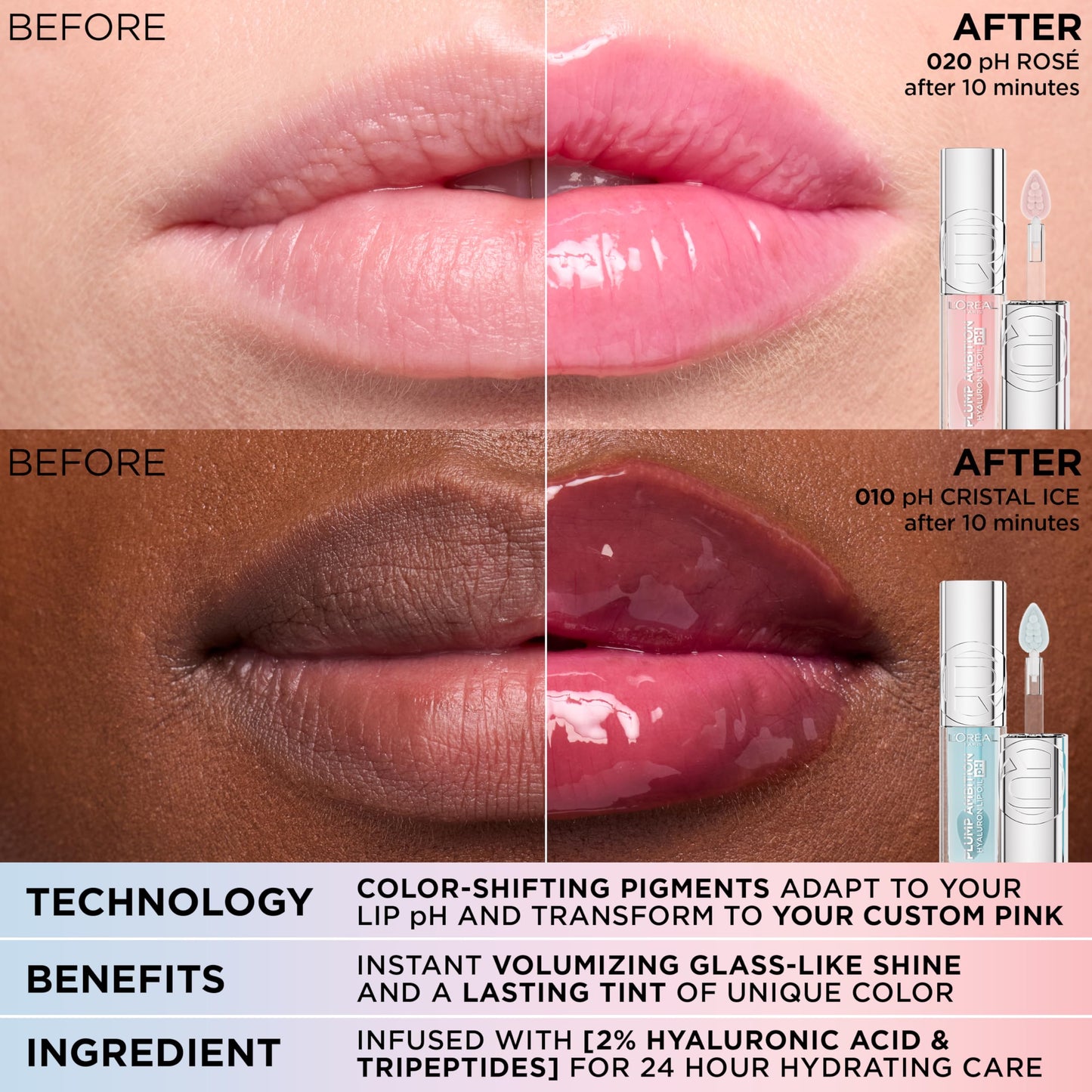 L'Oreal Paris Plump Ambition pH Hyaluron Lip Oil, Color Shifting Lip Tint with 24HR Hydration, Volumizing Shine and Lasting Color, 020 pH Rosé Beauty & Personal Care L'Oreal Paris