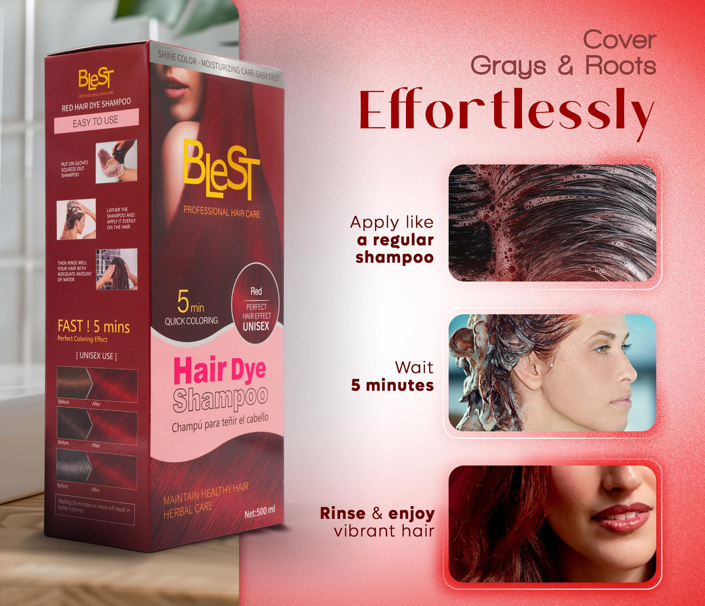 BLEST PROFESSIONAL HAIR CARE Hair Dye 2-in-1 Shampoo Color for Quick Gray Coverage - Semi Permanent Hair Color for Men and Women - 500ml (Red) Beauty & Personal Care BLEST PROFESSIONAL HAIR CARE
