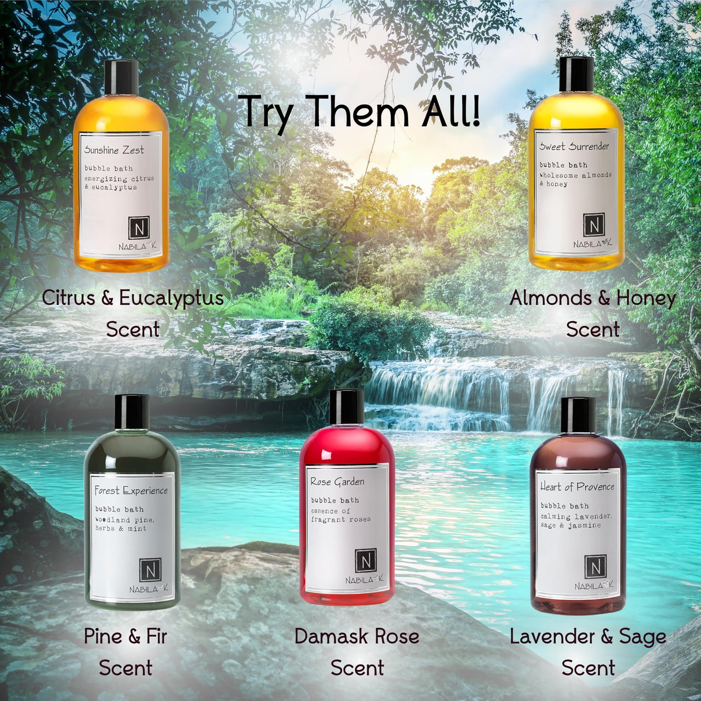 Nabila K Assorted Bubble Bath Collection (Set of 5) - Forest Experience, Rose Garden, Sunshine Zest, Sweet Surrender, Heart of Provence - Natural Beauty and Personal Care Nabila K