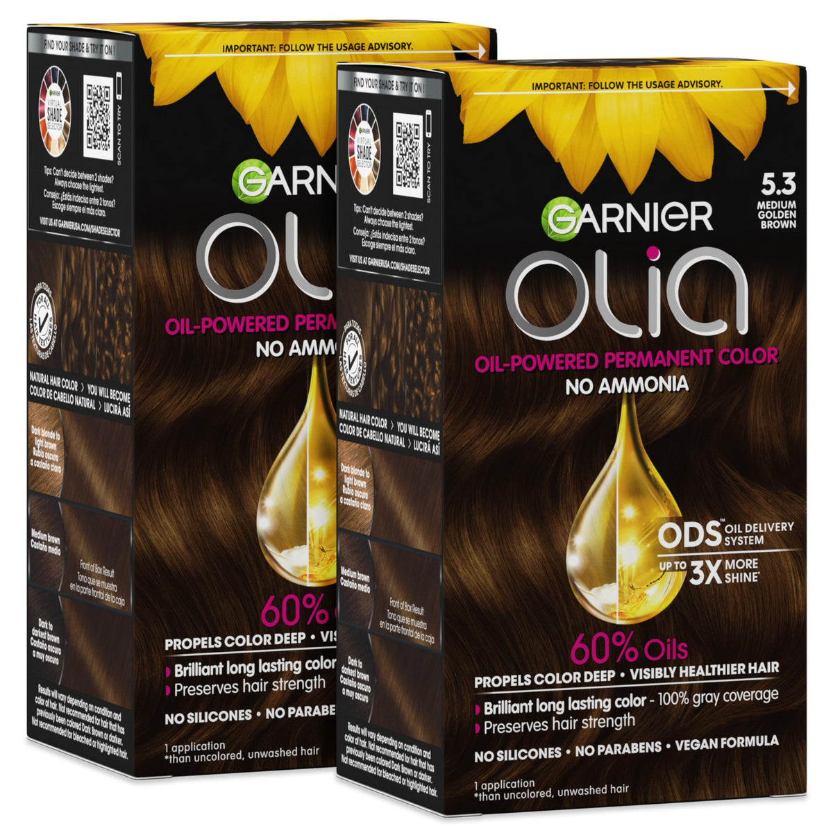 Garnier Olia Hair Color, Ammonia-Free Permanent Hair Dye, Oil-Powered Formula for 100% Gray Coverage and 3x Shinier Hair, Vegan & Cruelty Free, 5.3 Beauty & Personal Care Garnier
