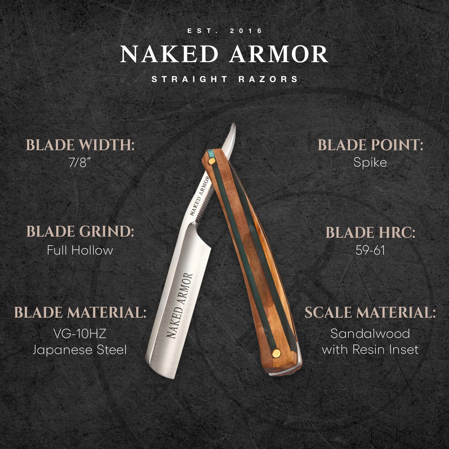 Naked Armor Lac Straight Razor - Shave Ready 7/8" Spike Nose Japanese Steel Straight Razors for Men with Sandalwood Scale, Case Included, Close Shave Beauty and Personal Care Naked Armor