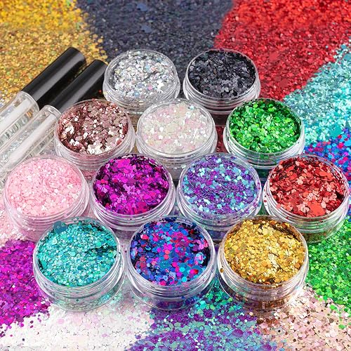 12 Colors of Holographic Chunky Glitter with Quick Dry Glue, 12 Pots Total 120g Multi-Shaped for Body Hair Face Eyes Make-up, Nail Art and Bedazzling Beauty & Personal Care BELLEBOOST