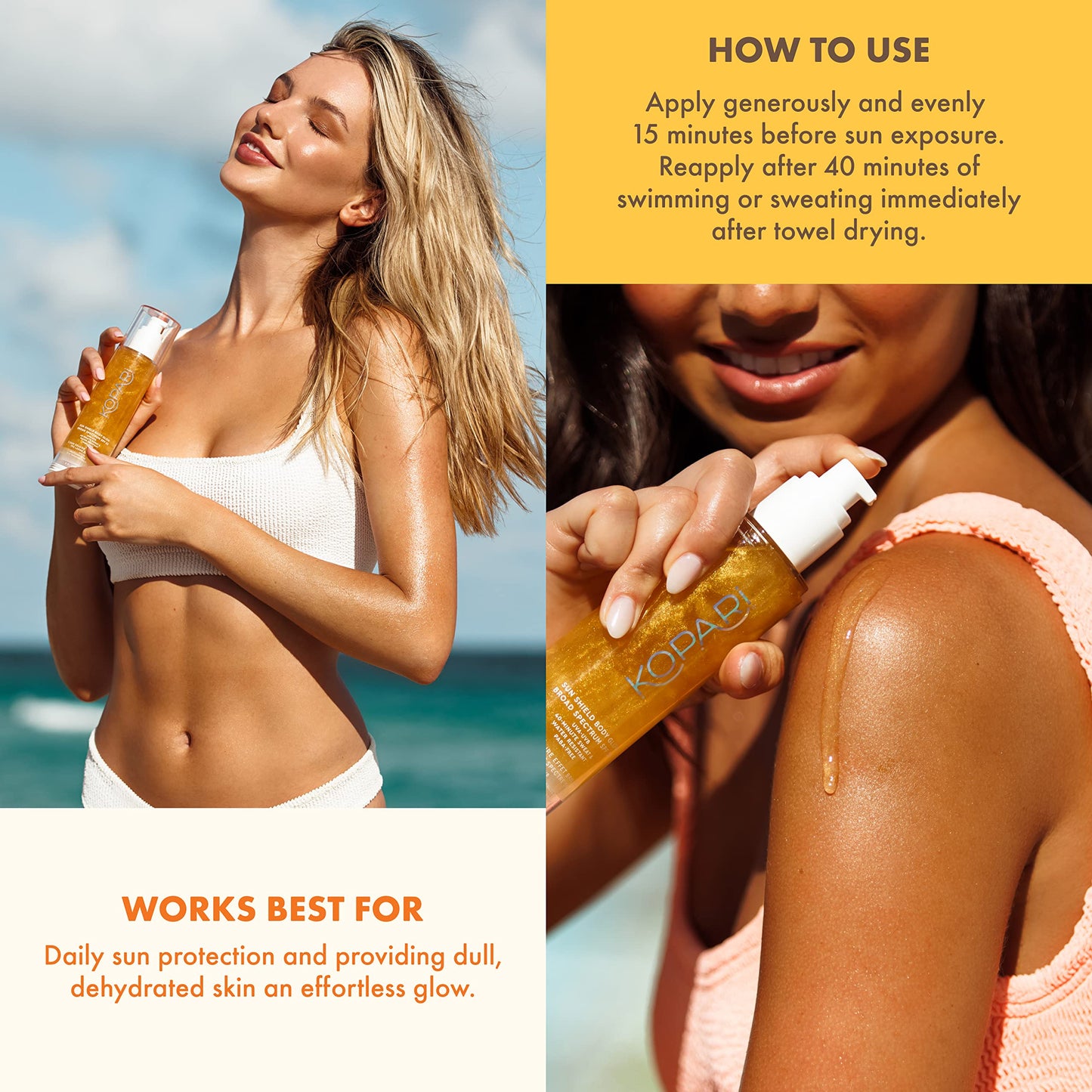 Kopari Sun Shield Body Glow, Broad Spectrum SPF 50, Lightweight Shimmering Gel Texture Absorbs Quickly, Non Sticky, Glowing Results, Gold 5 oz Beauty & Personal Care Kopari