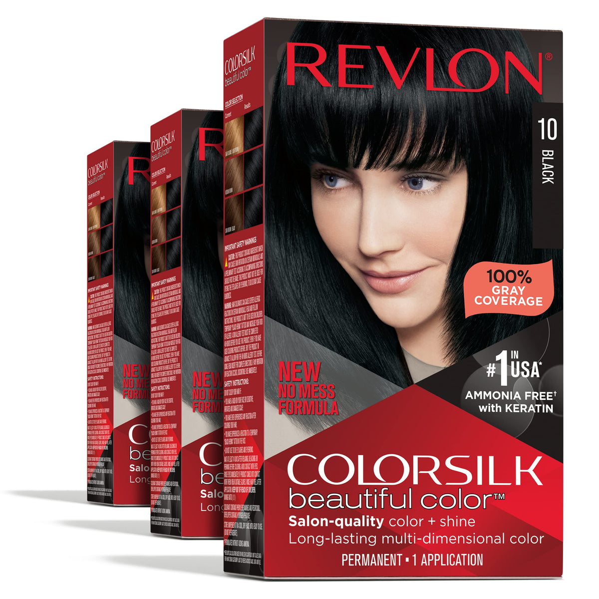 Revlon Permanent Hair Color, Permanent Hair Dye, Colorsilk with 100% Gray Coverage, Ammonia-Free, Keratin and Amino Acids, 10 Black, 4.4 Oz (Pack Beauty & Personal Care REVLON