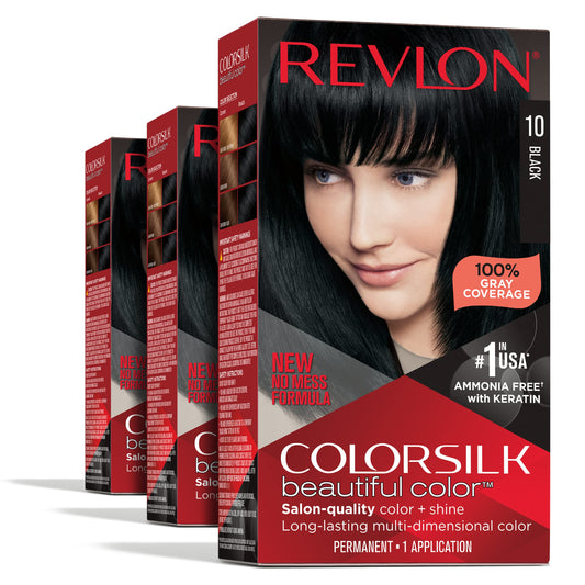 Revlon Permanent Hair Color, Permanent Hair Dye, Colorsilk with 100% Gray Coverage, Ammonia-Free, Keratin and Amino Acids, 10 Black, 4.4 Oz (Pack Beauty & Personal Care REVLON