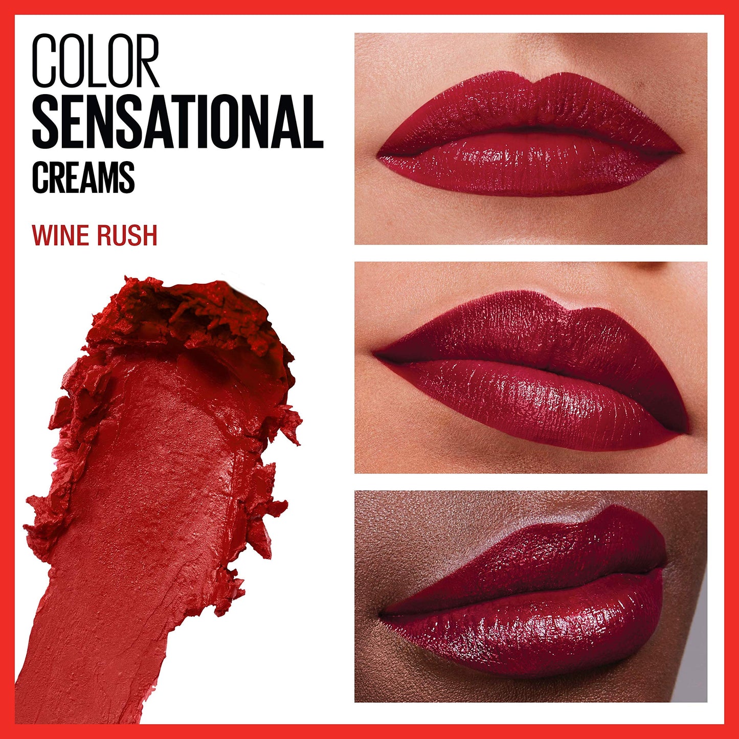 Maybelline Color Sensational Lipstick, Lip Makeup, Cream Finish, Hydrating Lipstick, Nude, Pink, Red, Plum Lip Color, Wine Rush, 0.15 oz; (Packaging Beauty & Personal Care MAYBELLINE