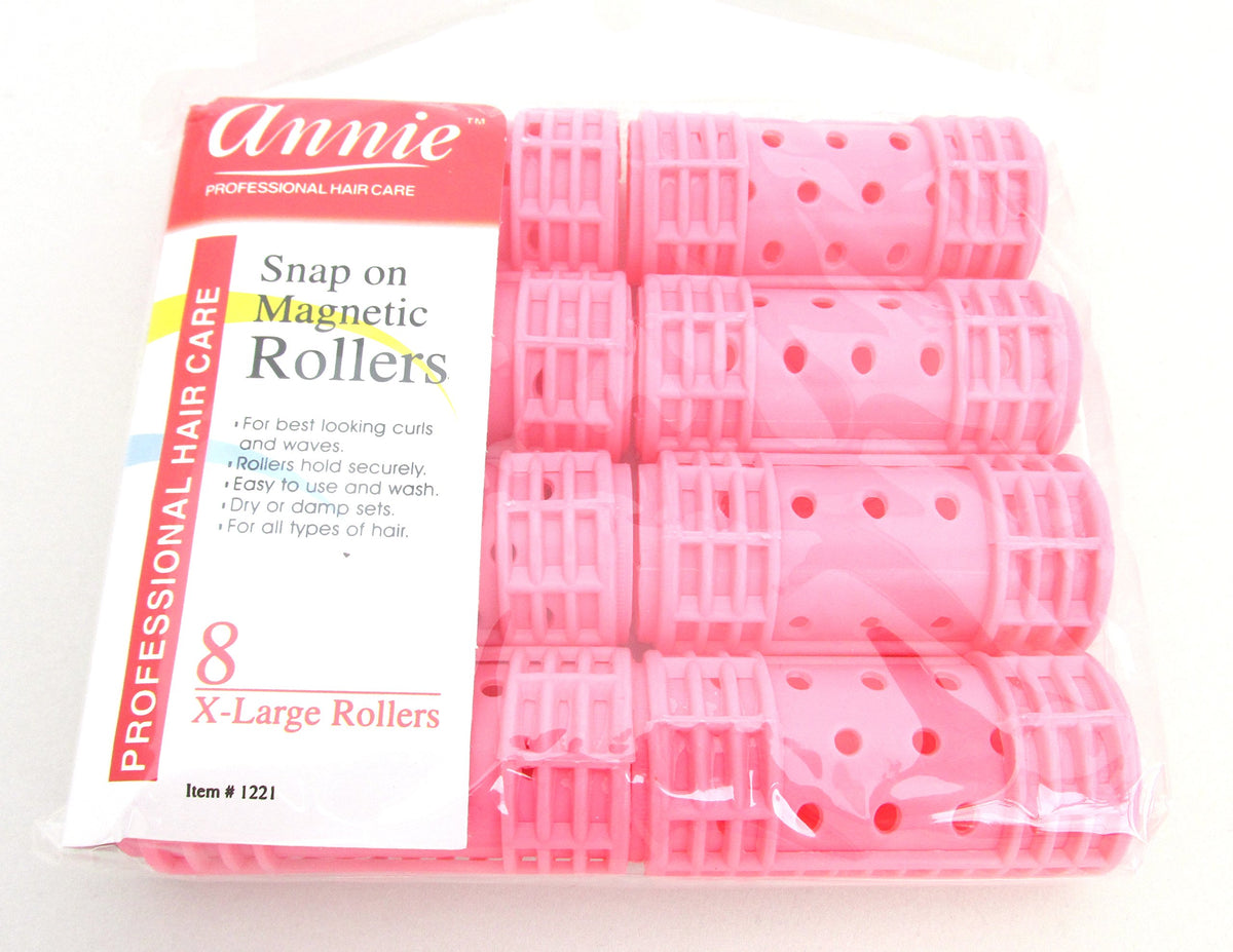 Annie Snap-On Magnetic Hair Rollers - X-Large 1 1/8 Inch with Locking Snap-Over Hood - Secure Hold No Pins Needed - Pink, 8 Count
