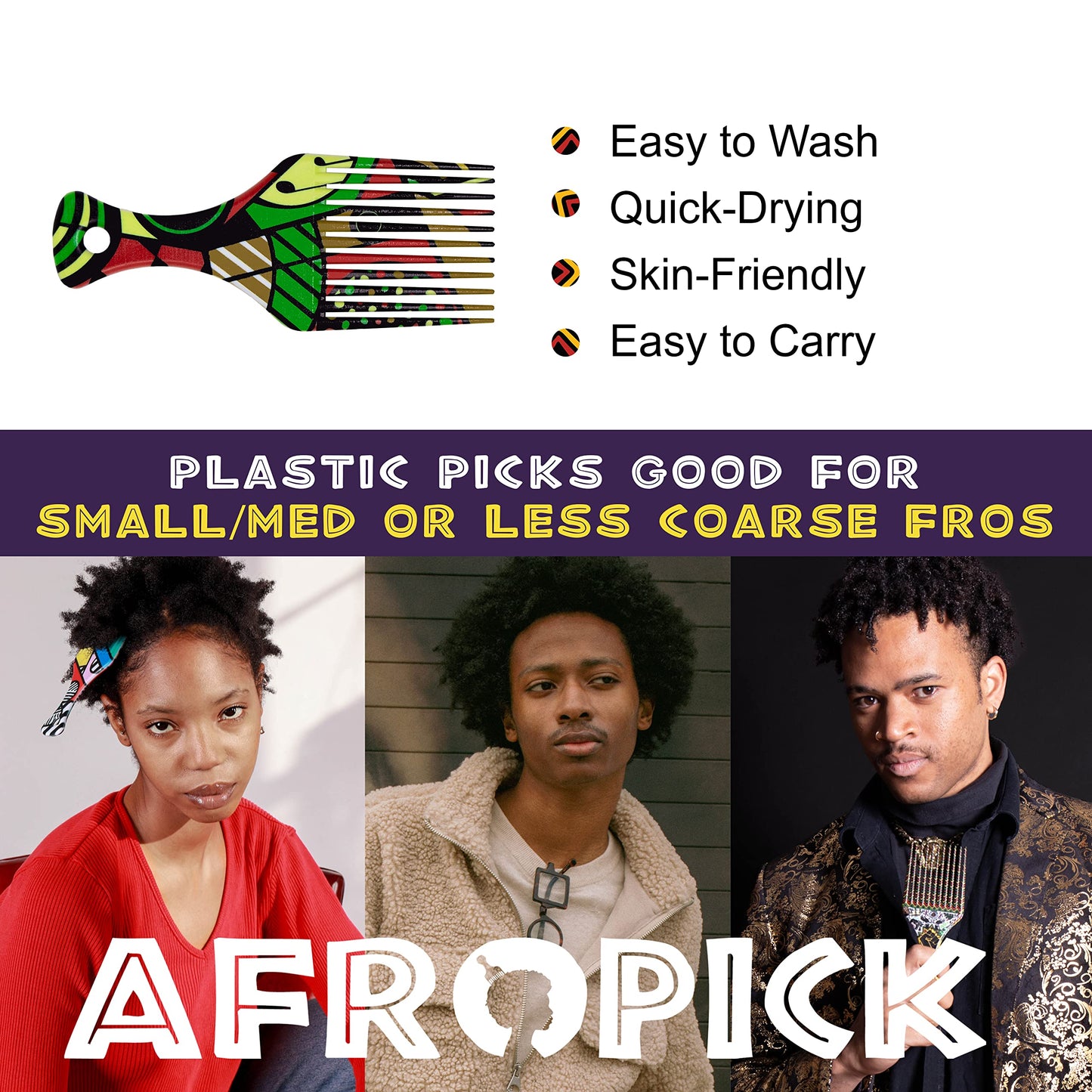 Afropick Anti-Static Plastic Black Hair Pick for Natural Curly Long Thick Hair- Afro Pick Comb for Men, Women- African Artist Designs (Harlem) Beauty & Personal Care Afropick