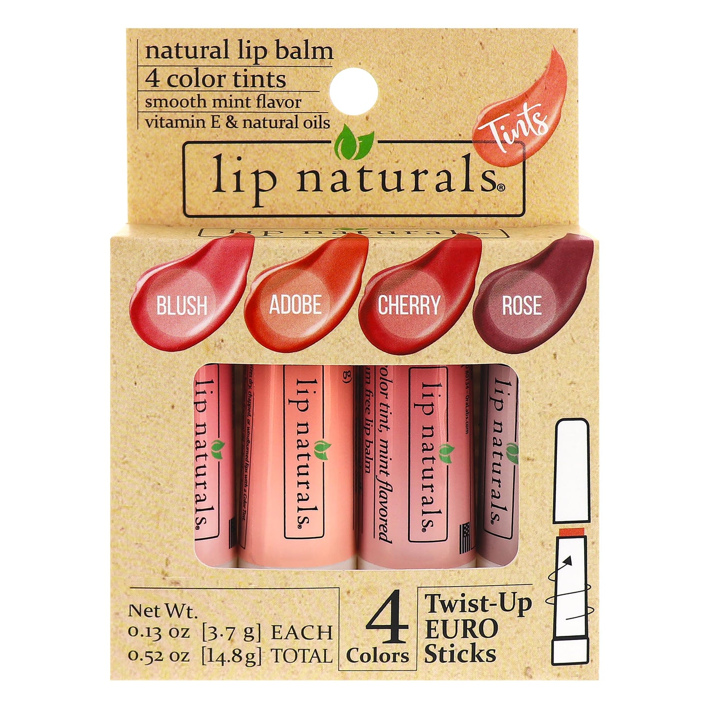 Lip Naturals Tinted Lip Balm 4 Pack of Assorted Colors with Beeswax, Coconut Oil, Vitamin E, and Aloe - Moisturizing Lip Care with a Smooth Mint Beauty and Personal Care LIP NATURALS