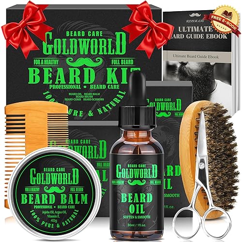 Beard Kit Beard Grooming Kit w/Beard Oil Balm Brush Comb Scissor e-Book Christmas Stocking Stuffers Gifts Ideas for Men Him Dad Boyfriend Husband Mens Beauty & Personal Care GoldWorld