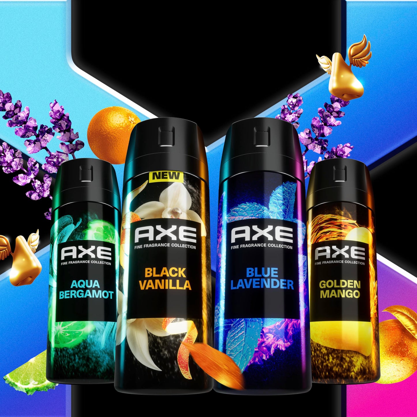 AXE Fine Fragrance Collection Premium Deodorant Body Spray for Men - Variety Pack - Blue Lavender, Aqua Bergamot, Golden Mango, & Black Vanilla - Pack Beauty and Personal Care AXE