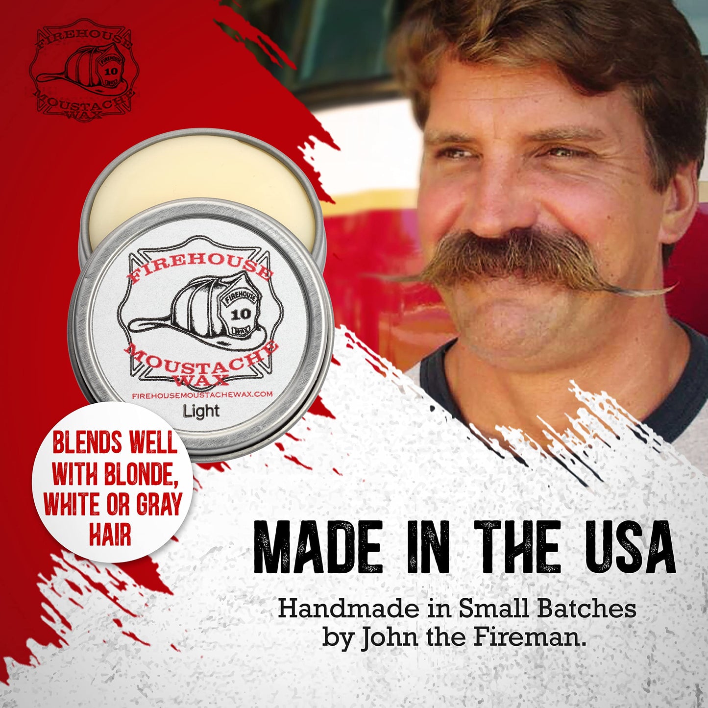 Firehouse Moustache Wax - Made in USA - Light Hold Mustache & Beard Wax - All-Weather, Naturally Scented and Colored (LIGHT, 1 Ounce Tin) - Handmade Beauty and Personal Care Firehouse Moustache Wax