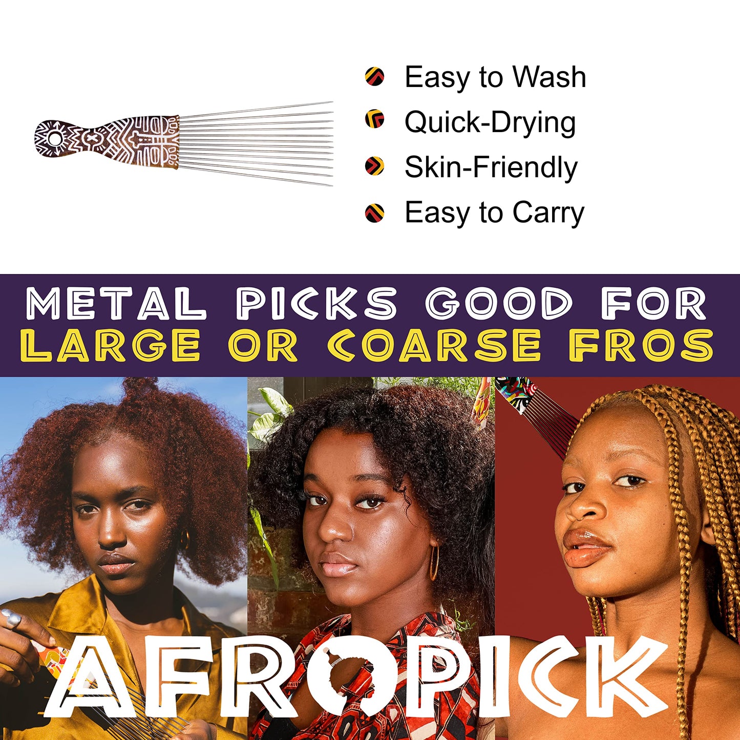Afropick Metal Black Hair Pick for Natural Curly Long Thick Hair- Afro Pick Comb for Men, Women- African Artist Designs IMPROVED 2.0 (Ori) Beauty & Personal Care Afropick