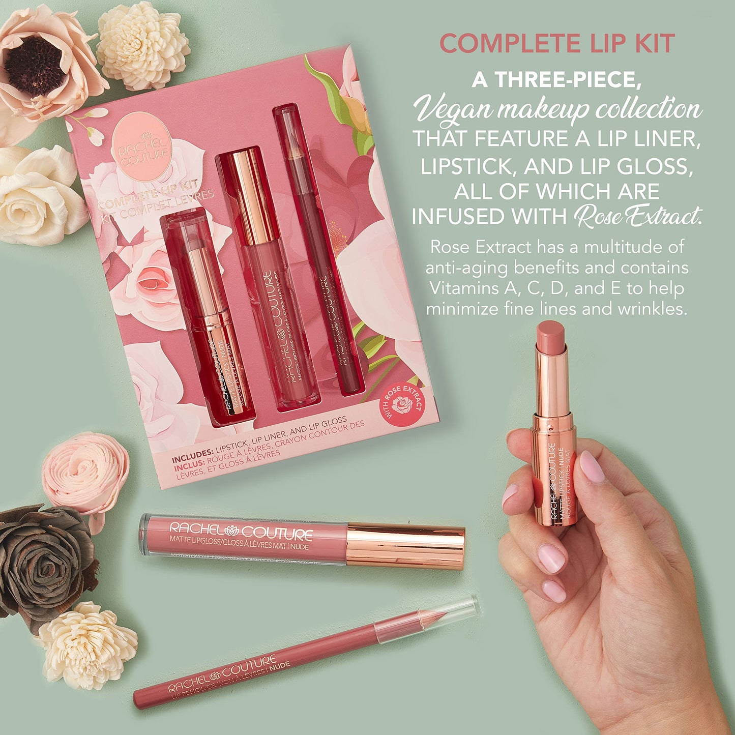Rachel Couture Complete Lip Kit | Includes Lipstick, Lip Liner & Lip Gloss | Vegan & Cruelty Free | Infused with Rose Extract - Nude Beauty & Personal Care Rachel Couture