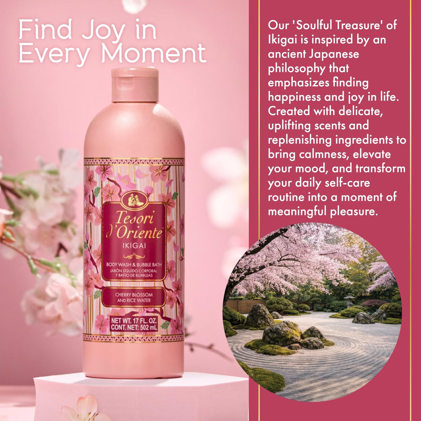 Tesori d’Oriente Ikigai Body Wash & Bubble Bath, 17.5 fl oz, Cherry Blossom Scented, Gentle Hydrating Shower Gel with Rice Water & Vitamin-E, No Beauty & Personal Care Tesori d'Oriente