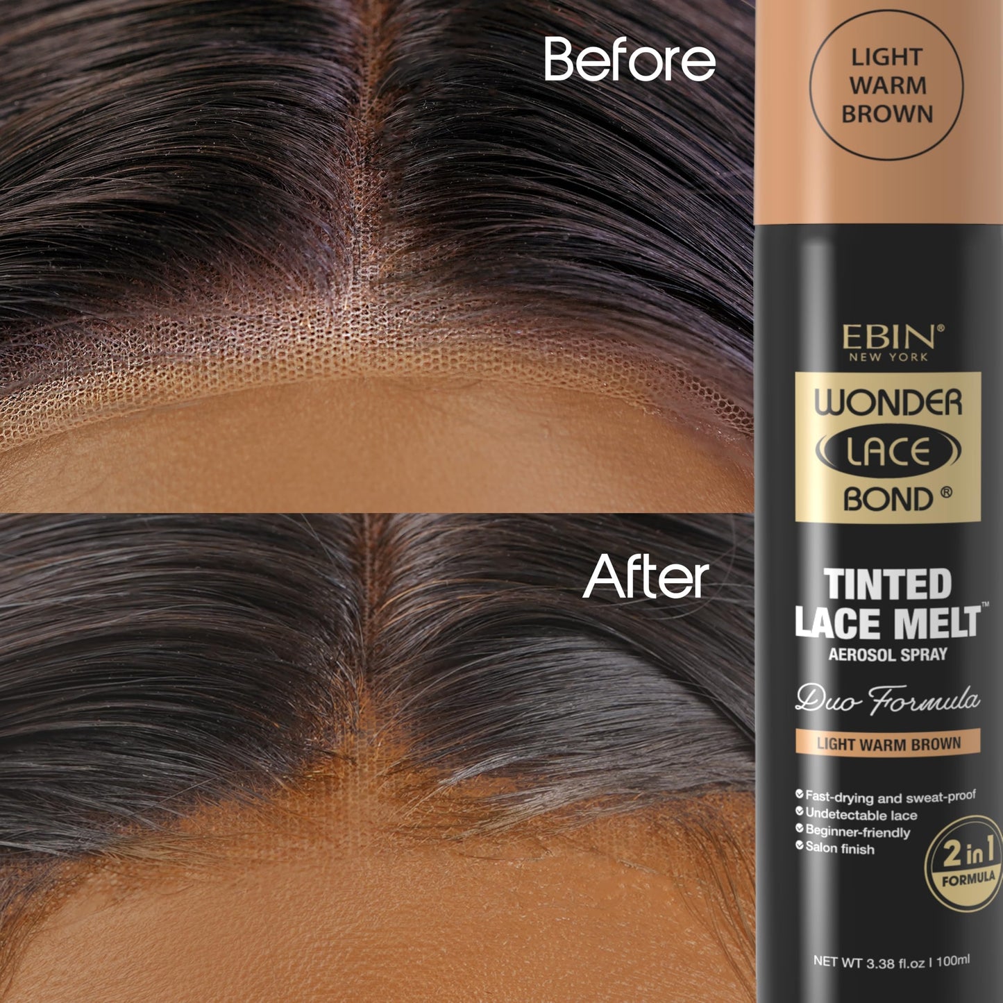 EBIN NEW YORK Wonder Lace Bond Tinted Lace Melt Aerosol Spray - Medium Dark Brown 3.38oz/ 100ml - Quick Dry No Transfer Formula, Humid Resistant Beauty & Personal Care EBIN NEW YORK