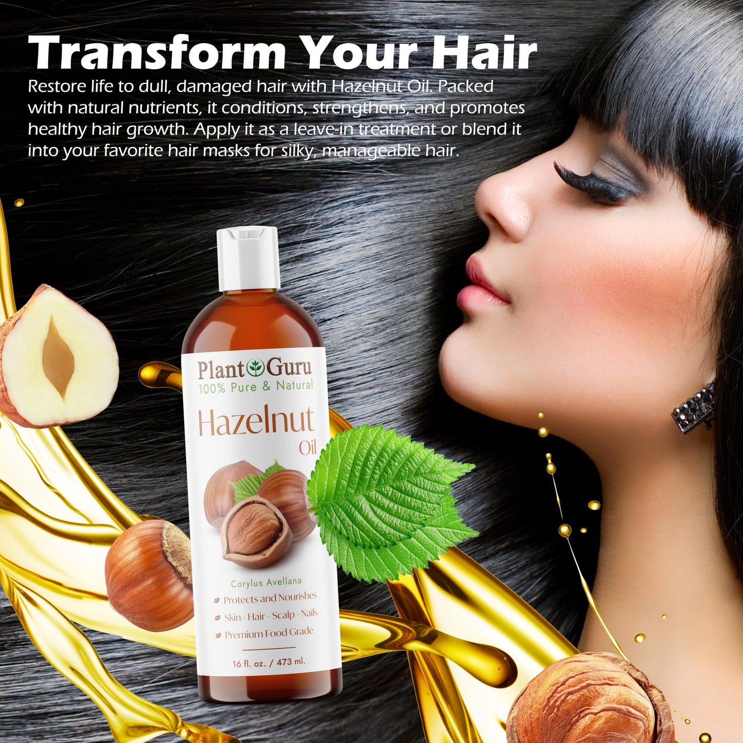 Plant Guru Hazelnut Oil 16 fl. oz. Cold Pressed 100% Pure Natural Carrier - Skin, Face, Body And Hair Growth Moisturizer. Great For DYI Cream, Lotions Beauty & Personal Care Plant Guru