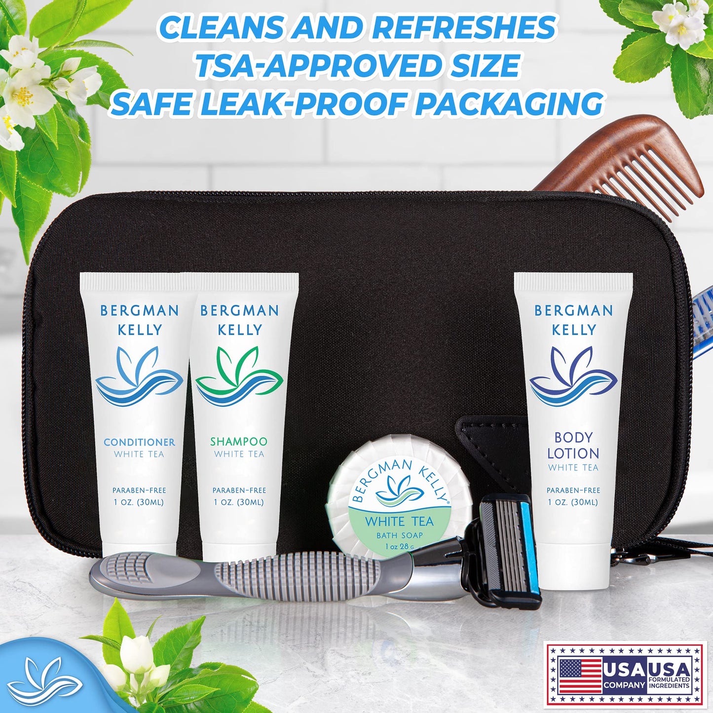 BERGMAN KELLY Rectangular Hotel Soap Bars, Shampoo & Conditioner 3-Piece Set (1 oz each, 150 pc, White Tea), Delight Guests with Revitalizing Beauty & Personal Care BERGMAN KELLY