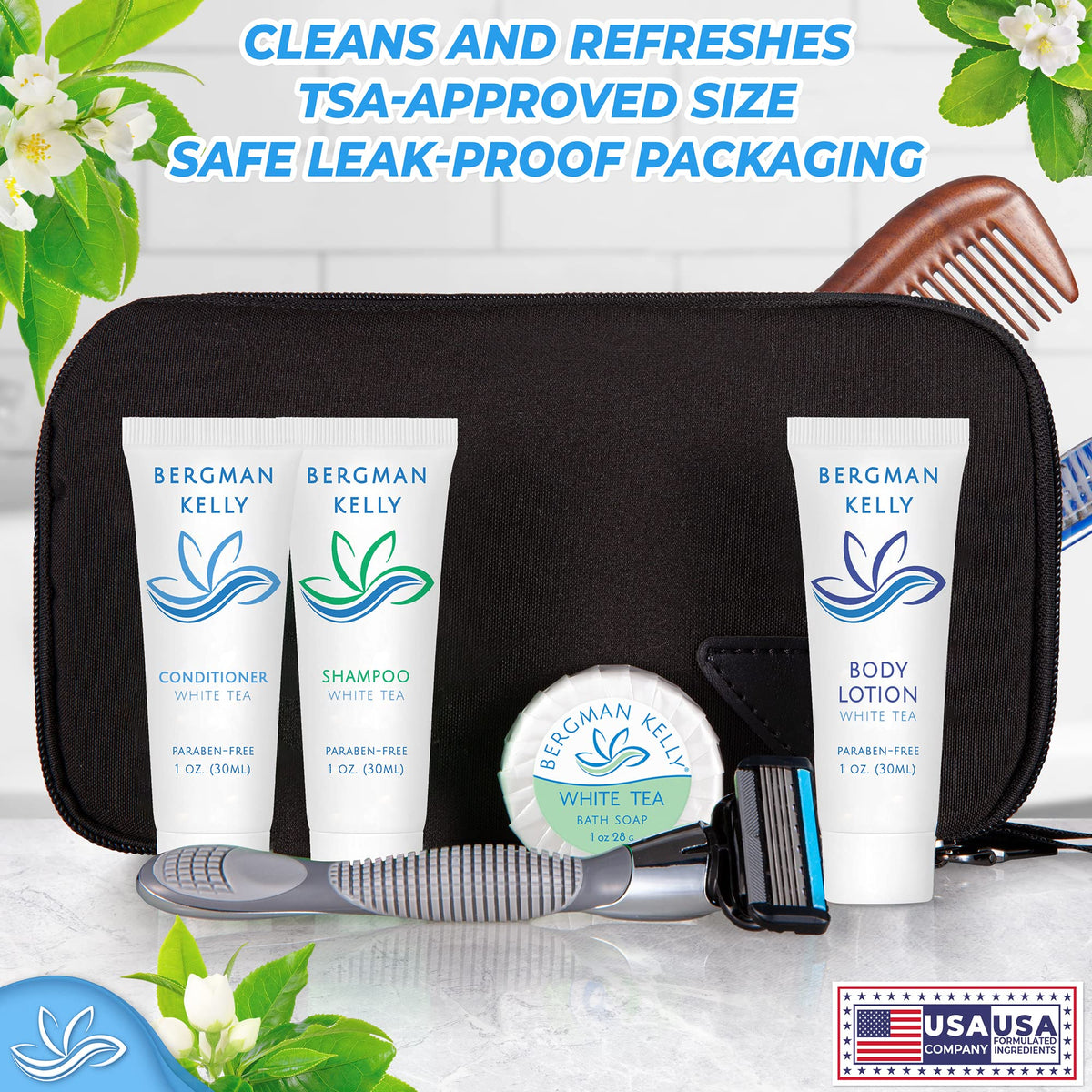 BERGMAN KELLY Travel Size Body Wash (1 fl oz, 50 PK, White Tea), Delight Your Guests with a Revitalizing and Refreshing Hotel Body Wash, Quality Mini Beauty & Personal Care BERGMAN KELLY