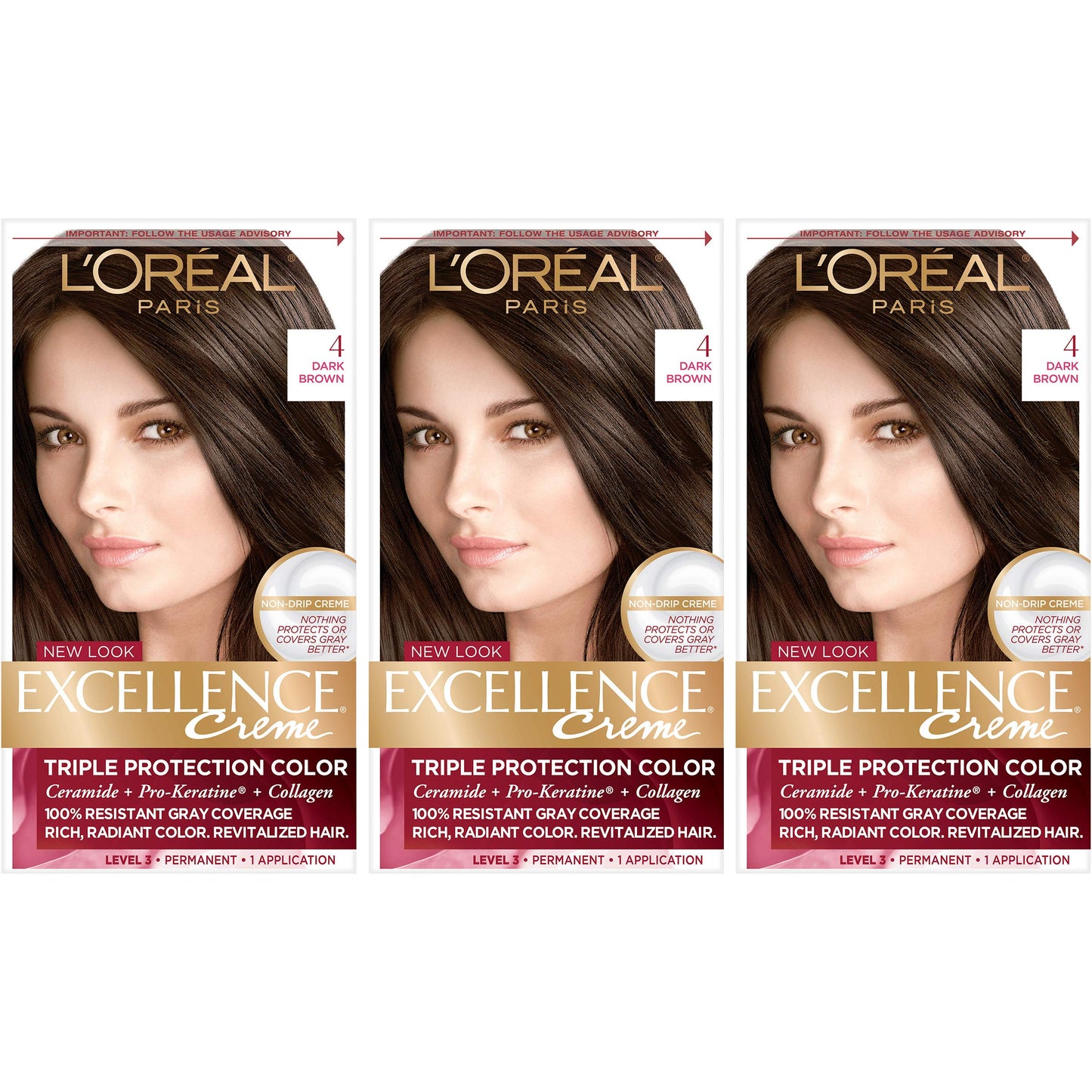 L'Oreal Paris Excellence Creme Permanent Hair Color, 4 Dark Brown (Pack of 3) Beauty & Personal Care L'Oreal Paris
