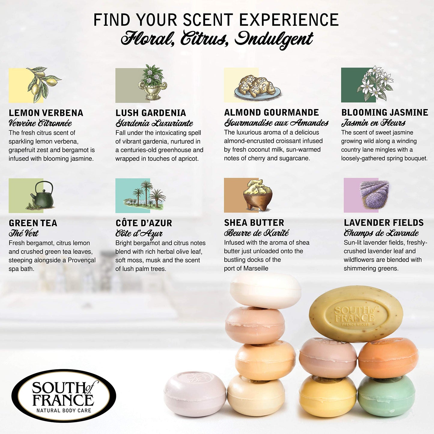 South Of France Natural Body Care Triple Milled Large 6OZ Bar Soap (Variety Pack 1, 8 Bars) Beauty & Personal Care South Of France