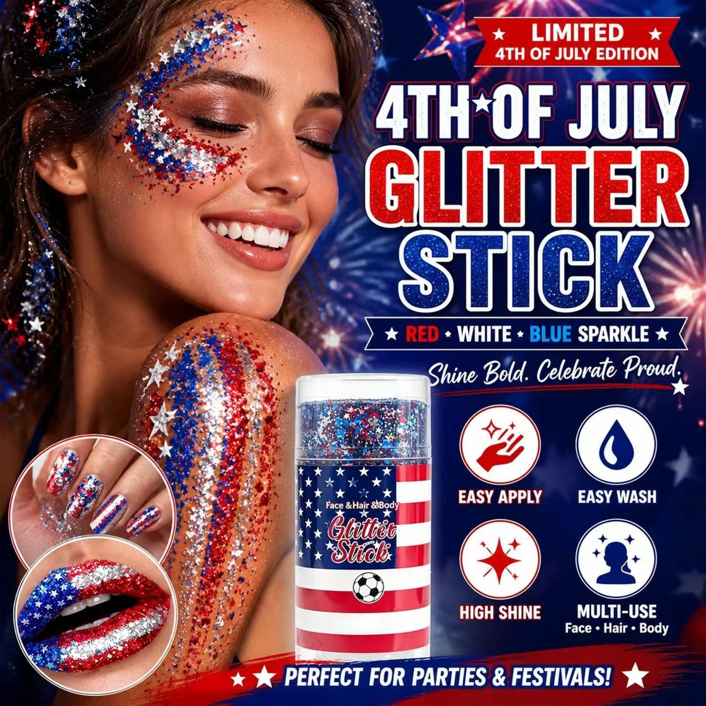 Red, White & Blue Body & Hair Sparkle, 4th of July Outfits and 250th Anniversary Accessories, Waterproof Sparkling Face Hair Glitter for Independence Beauty & Personal Care GIRLDREN