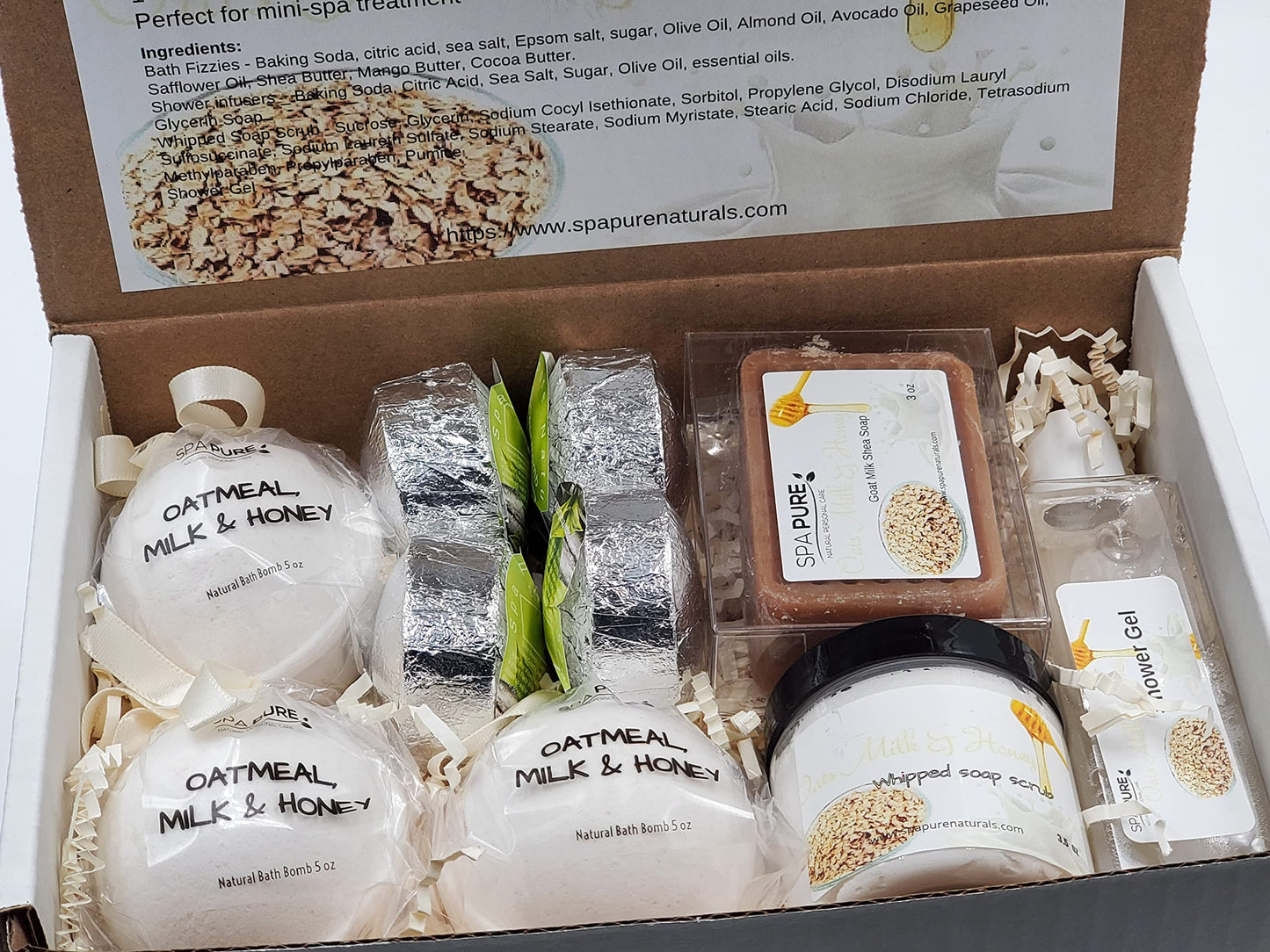 Spa Pure Luxury Spa Kit - 3 XL Bath Fizzies, 2 XL Shower Steamers, 3.5 oz Whipped Soap Scrub, Goat Milk Soap, Shower Gel (Oatmeal Milk & Honey) Beauty and Personal Care Spa Pure