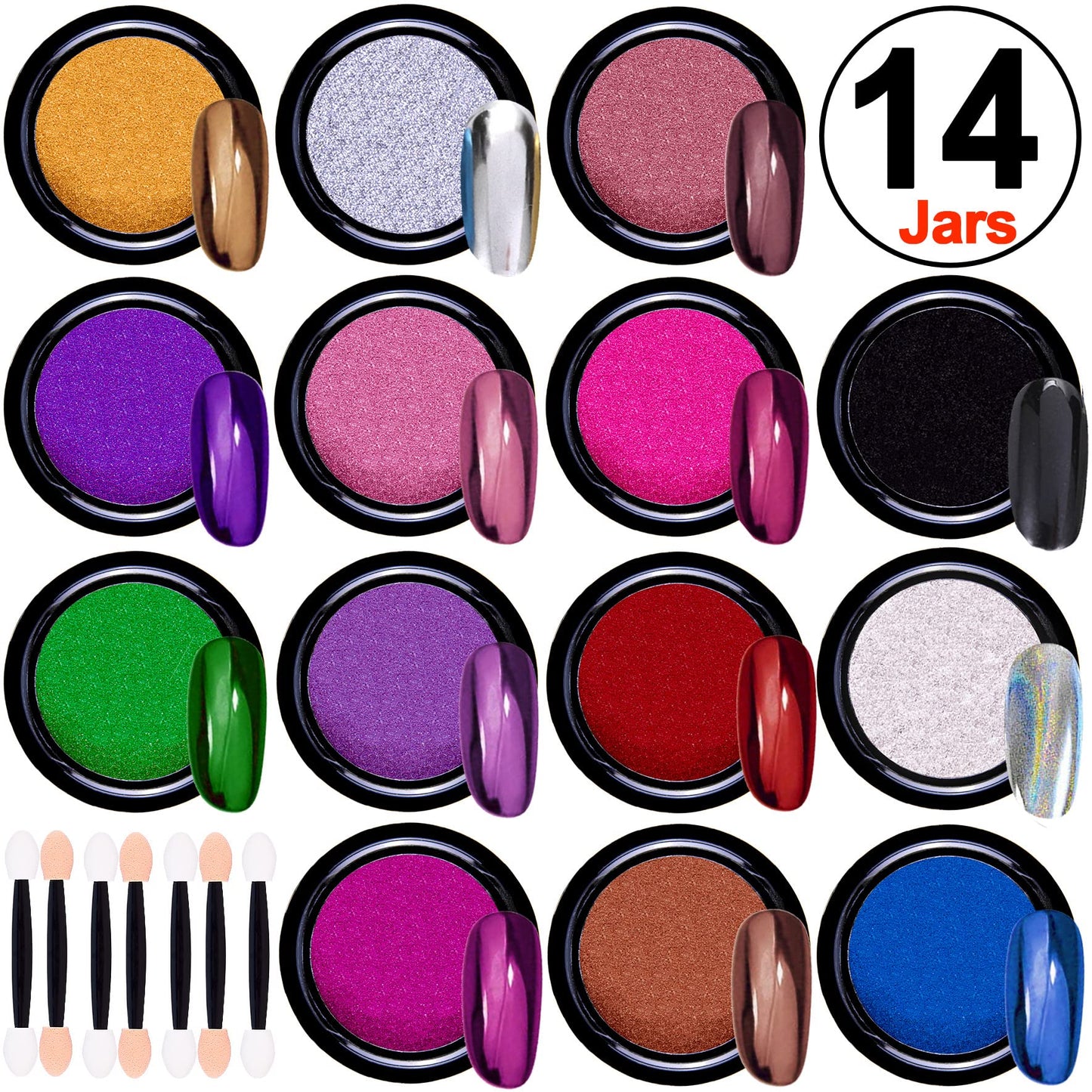 Duufin 14 Jars Chrome Nail Powder Metallic Nail Art Powder Mirror Effect Manicure Chrome Powder 14 Colors Nail Powders with 14 Pcs Eyeshadow Sticks Beauty & Personal Care Duufin