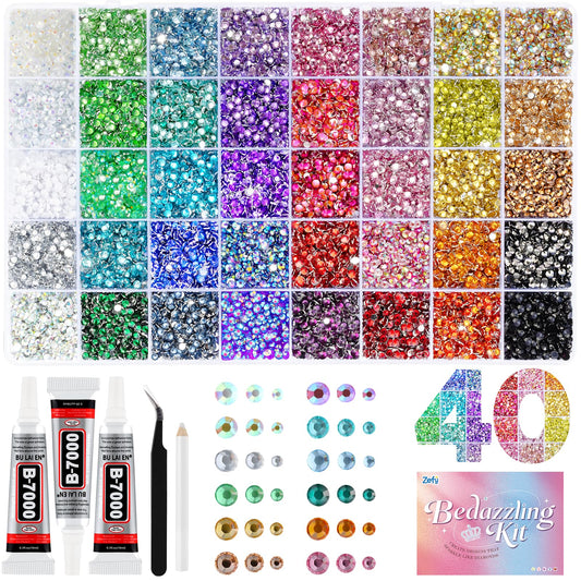 Zefy 43000 Pcs Resin Rhinestones for Bedazzling, 40 Colors 2/3/4 mm Bedazzling Kit for Crafting, Flatback Gems with 3Pcs B7000 Glue for Clothing Shoes Beauty and Personal Care Zefy Default Title