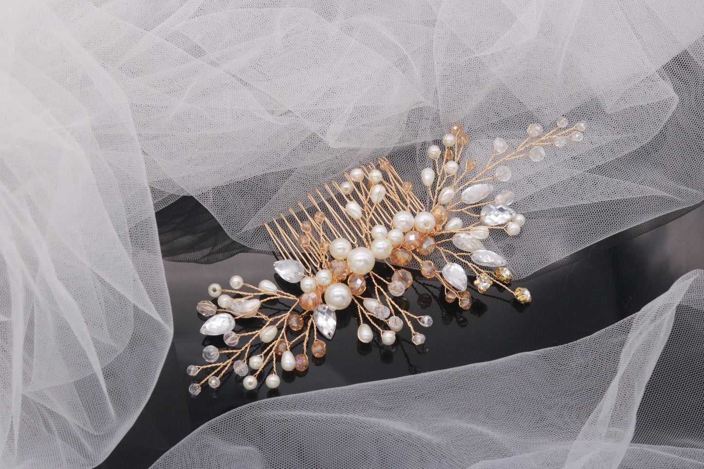 Kercisbeauty Wedding Bridal Bridesmaids Flower Girl Crystal and Pearl Side Hair Comb Slide Headpiece Long Curly Bun Hair Accessories for Prom (Gold) Beauty & Personal Care Kercisbeauty