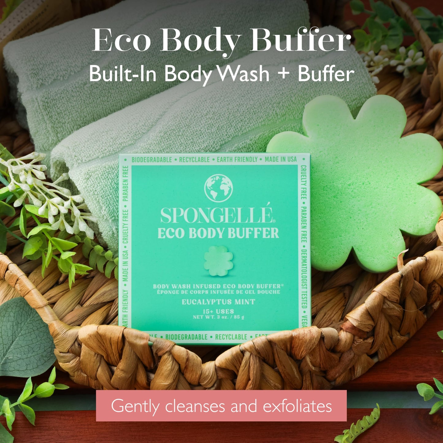 Spongelle Eucalyptus Mint Eco Collection Body Buffer Body Scrubber - Bath & Shower Loofah for Men & Women - Biodegradable, Cruelty-Free, Vegan Beauty and Personal Care SPONGELLÉ
