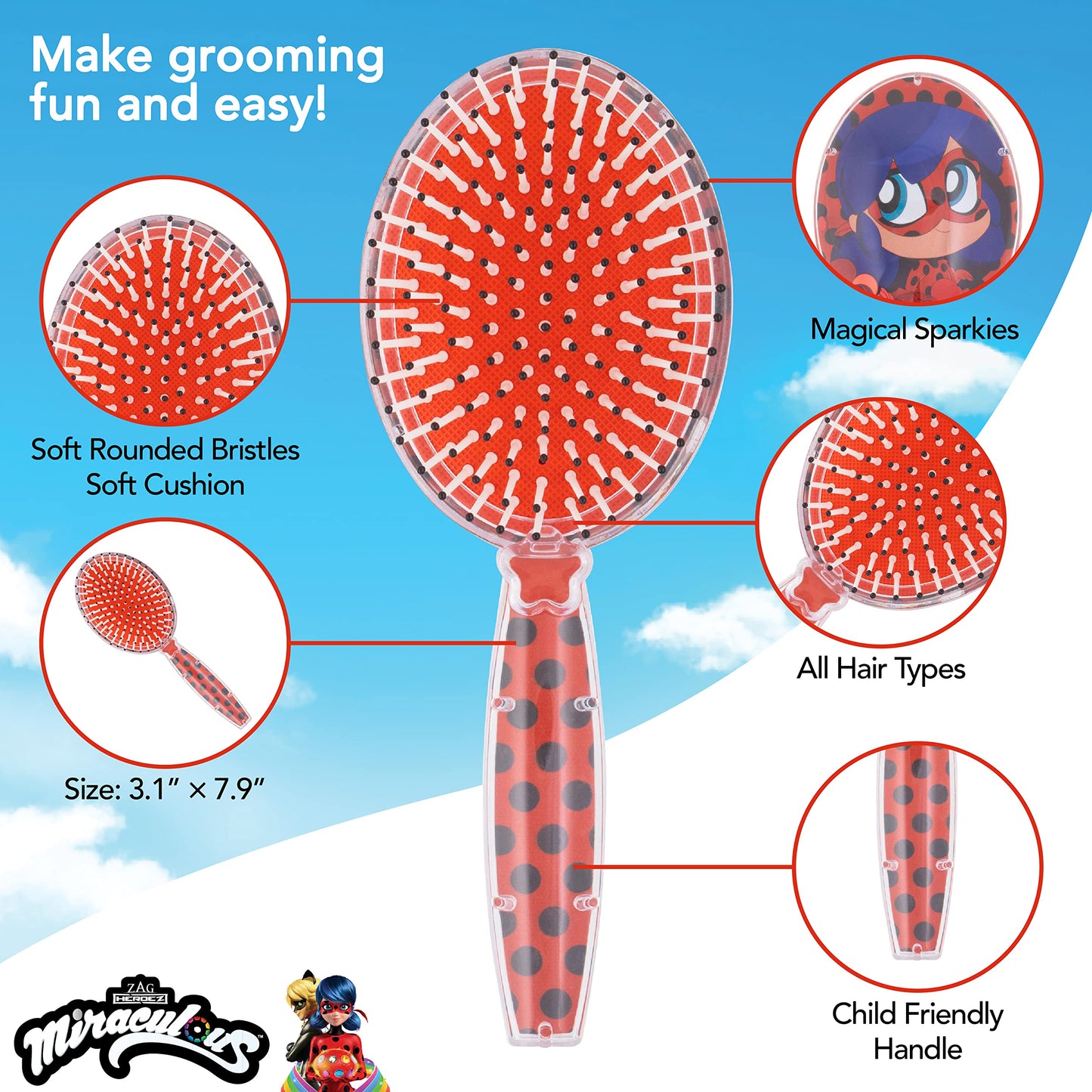 Miraculous Ladybug Confetti Hair Brush - Kids Sparkling Stars Brush Ages 3+ Beauty & Personal Care LUV HER